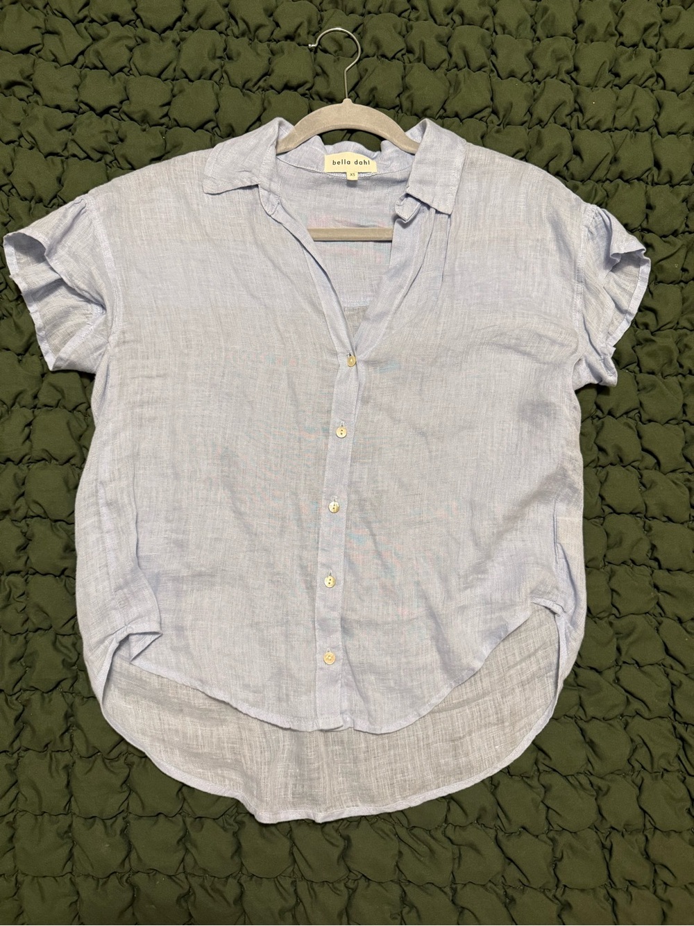 Bella Dahl Pale Blue 100% Linen Ruffle Sleeve Button Down Shirt